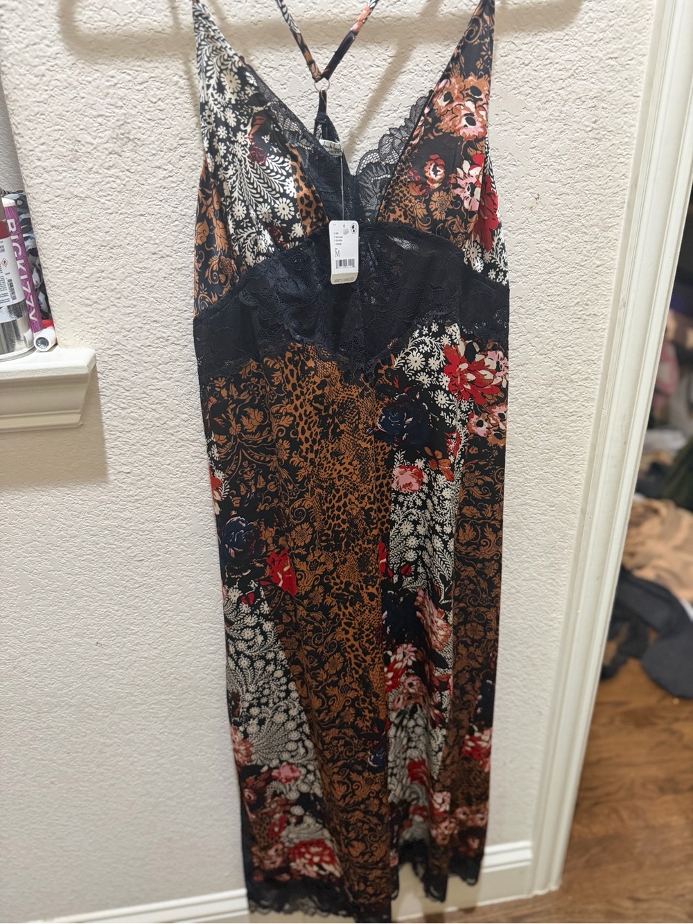 Free People Black Floral Mixed-Print Lace-Trim Maxi Slip Dress - Picture 3 of 12